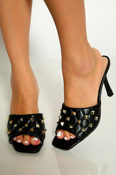 Black Square Open Toe Studded Quilted Slip On Heels - AMIClubwear