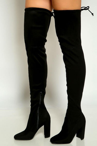 Black Square Toe Thigh High Chunky Heel Boots Faux Suede - AMIClubwear