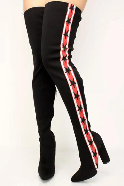 Black Star Print Pointy Toe Thigh High Chunky Boots - AMIClubwear