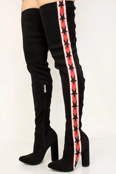 Black Star Print Pointy Toe Thigh High Chunky Boots - AMIClubwear