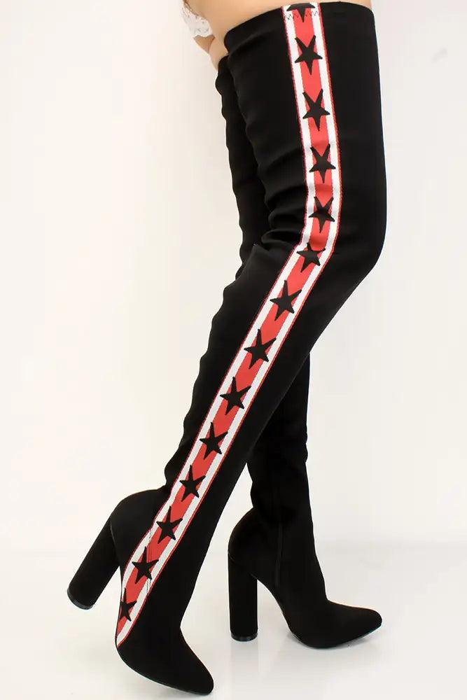 Black Star Print Pointy Toe Thigh High Chunky Boots - AMIClubwear