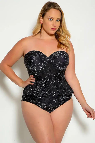 Black Star Push Up Ruffled High Waist Two Piece Swimsuit - AMIClubwear