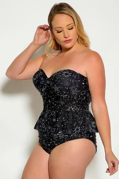 Black Star Push Up Ruffled High Waist Two Piece Swimsuit - AMIClubwear