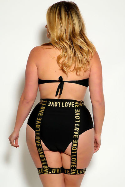 Black Strapless Bandeau Love Print Garter Plus Size Two Piece Swimsuit - AMIClubwear