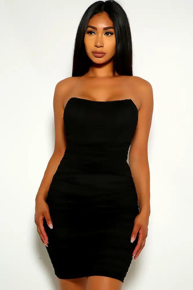Black Strapless Boned Double Layer Mesh Party Dress - AMIClubwear