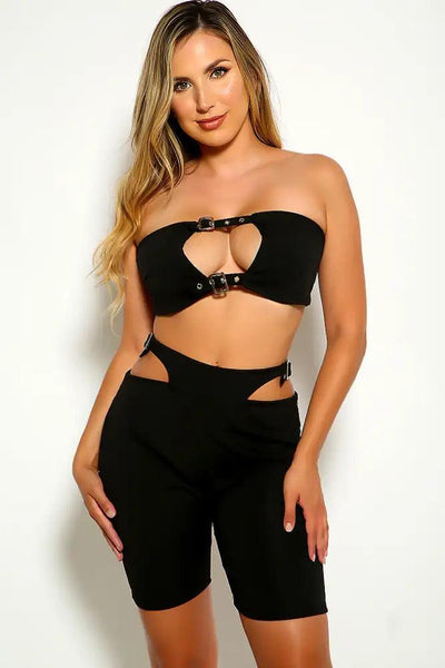 Black Strapless Buckle Two Piece Outfit - AMIClubwear