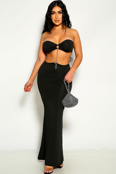 Black Strapless Chain Accent Maxi Party Sexy Dress - AMIClubwear
