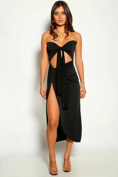 Black Strapless Cut Out Midi Party Dress - AMIClubwear