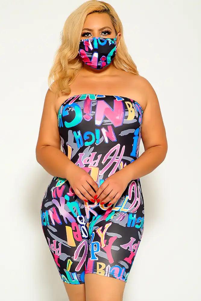 Black Strapless Graphic Print Plus Size Romper - AMIClubwear