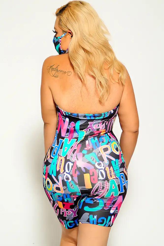 Black Strapless Graphic Print Plus Size Romper - AMIClubwear