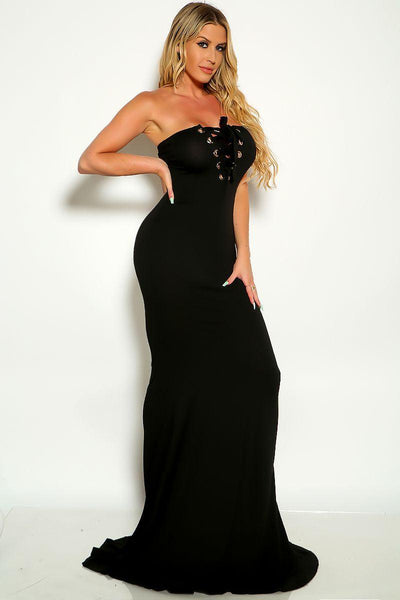 Black Strapless Lace Up Maxi Cocktail Dress - AMIClubwear