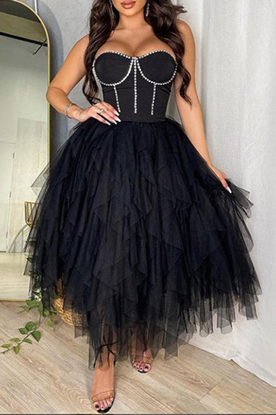Black Strapless Layered Tulle Sexy Party Dress - AMIClubwear