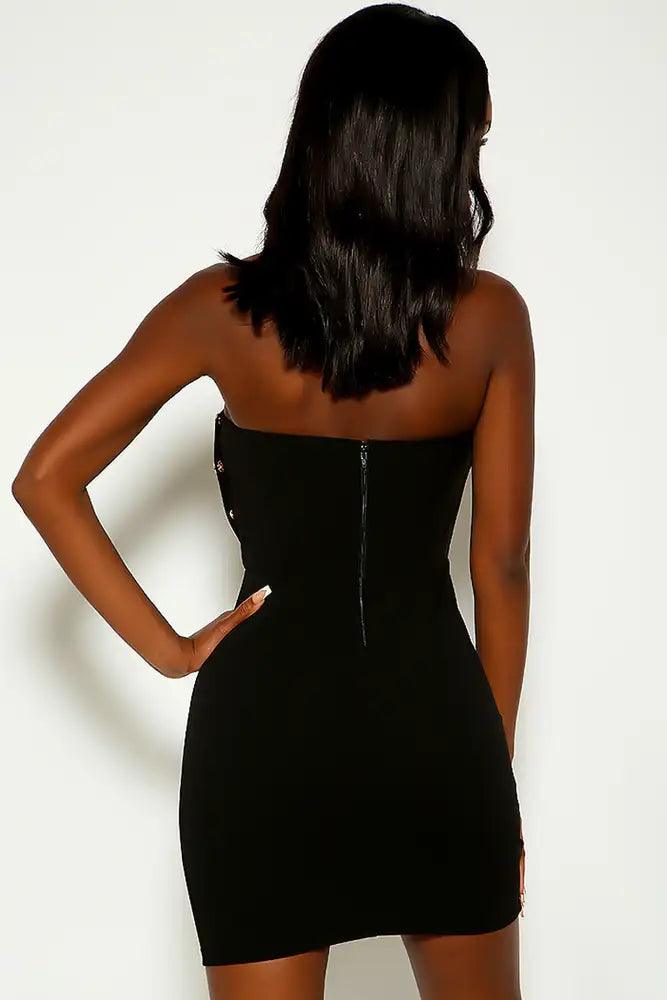 Black Strapless Metallic Button Accent Party Dress - AMIClubwear