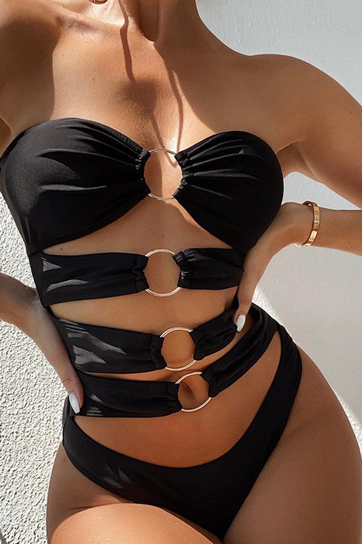 Black Strapless O-Ring Accent Cut Out One Piece Swimsuit - AMIClubwear