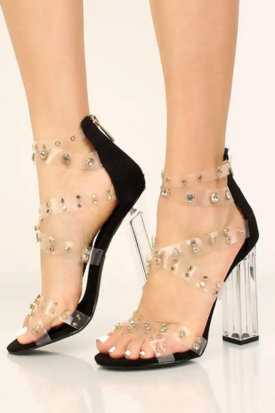 Black Strapppy Criss Cross Stud Detail Chunky Heels - AMIClubwear