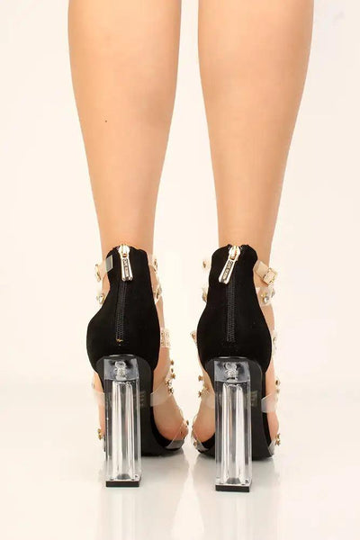 Black Strapppy Criss Cross Stud Detail Chunky Heels - AMIClubwear