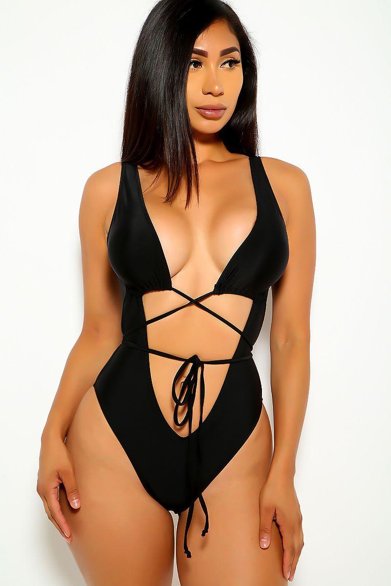 Black Strappy Criss Cross One Piece Monokini - AMIClubwear