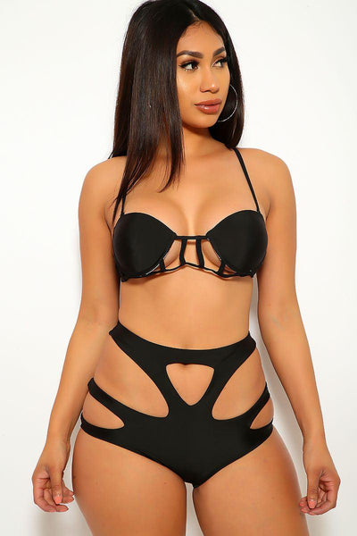 Black Strappy Cut Out High Waist Sexy Swimsuit - AMIClubwear