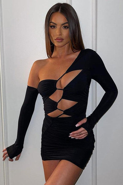 Black Strappy Cut Out Long Sleeves Sexy Party Dress - AMIClubwear