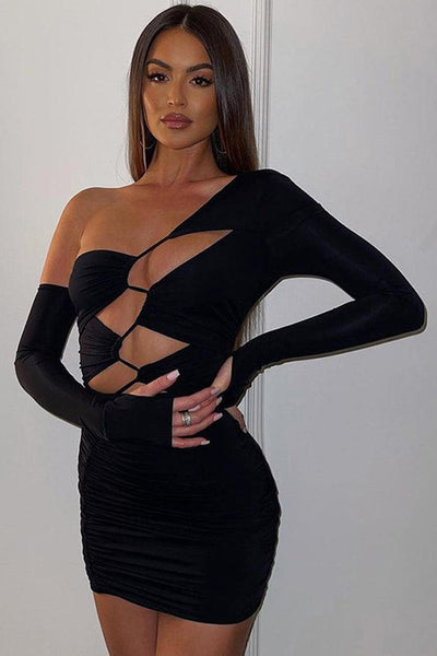 Black Strappy Cut Out Long Sleeves Sexy Party Dress - AMIClubwear