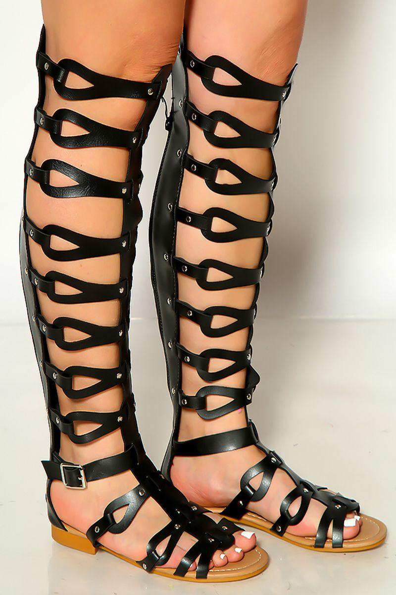 Black Strappy Gladiator Open Toe Sandals - AMIClubwear