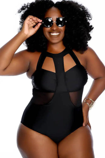 Black Strappy Neckline Cutout Mesh One Piece Swimsuit Plus - AMIClubwear