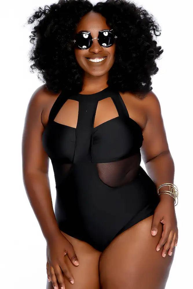 Black Strappy Neckline Cutout Mesh One Piece Swimsuit Plus - AMIClubwear