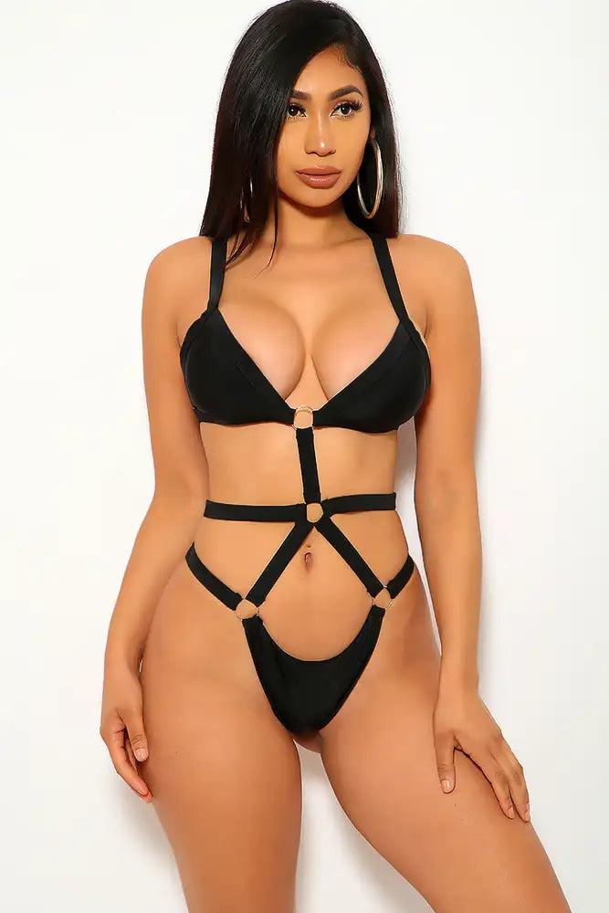 Black Strappy O-Ring V-Cut Monokini - AMIClubwear