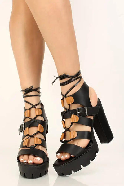 Black Strappy Open Toe Chunky High Heels - AMIClubwear