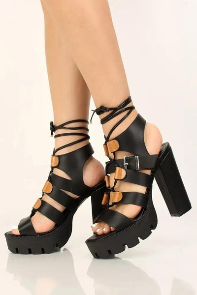 Black Strappy Open Toe Chunky High Heels - AMIClubwear