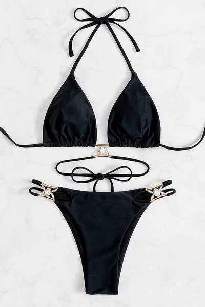 Black Strappy Rhinestone Accent Sexy Two Piece Swimsuit - AMIClubwear