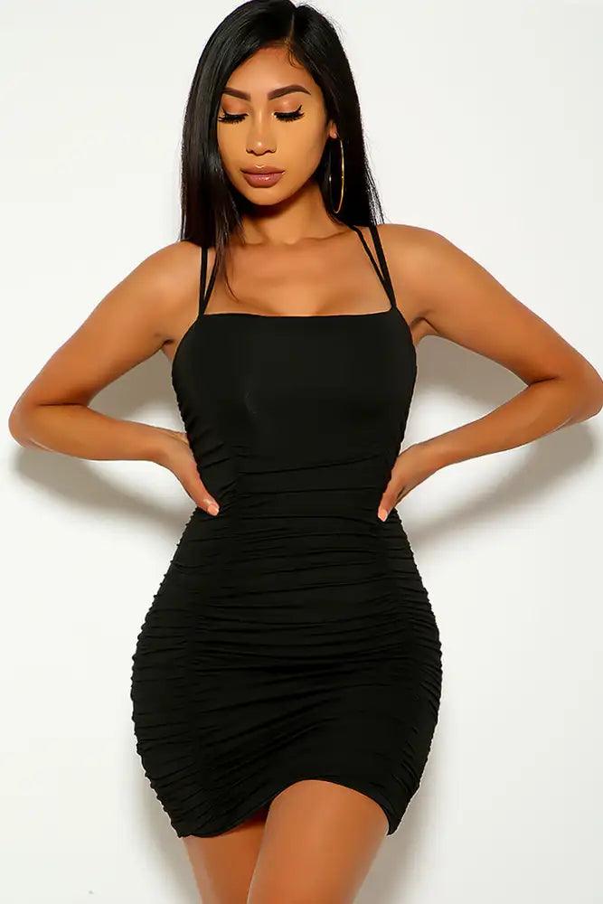 Black Strappy Ruched Party Dress - AMIClubwear