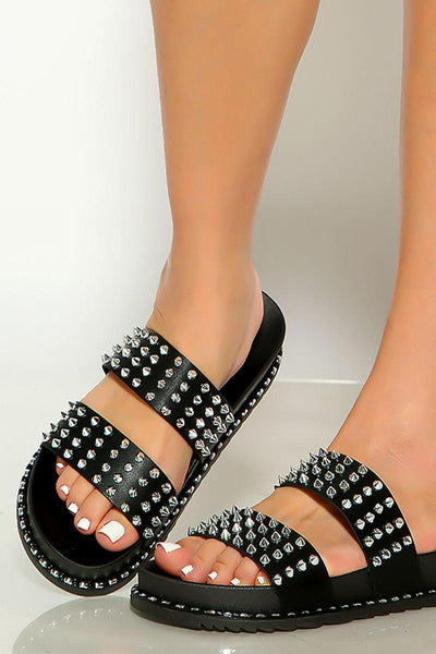 Black Strappy Studded Open Toe Slip On Sandals - AMIClubwear