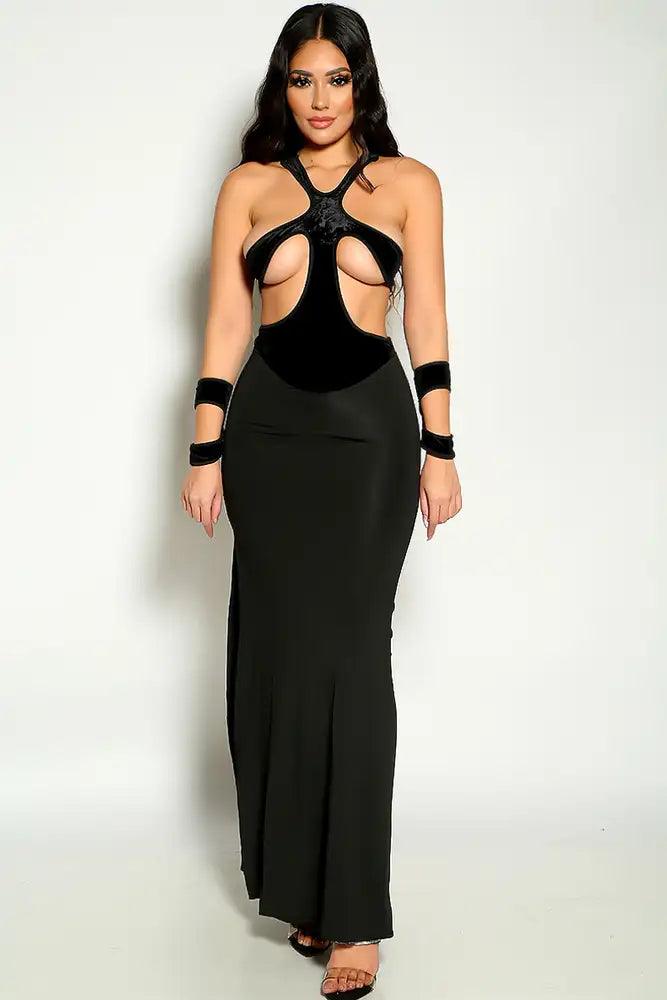 Black Strappy Velvet Kim K Inspired Two Piece Maxi Dress - AMIClubwear