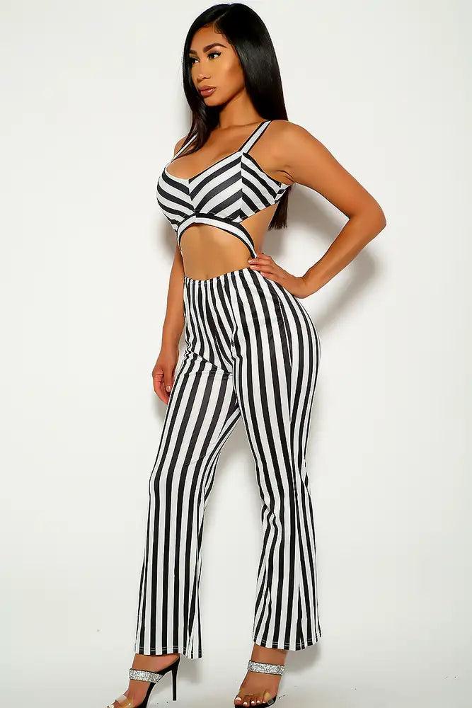 Black Stripe Print Cut Out Jumpsuit - AMIClubwear