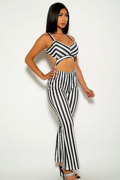 Black Stripe Print Cut Out Jumpsuit - AMIClubwear