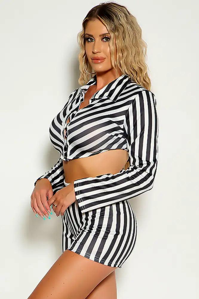 Black Striped Long Sleeve Collared Button Up Two Piece Shorts Outfit - AMIClubwear