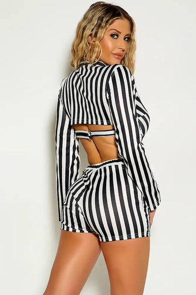 Black Striped Long Sleeve Collared Button Up Two Piece Shorts Outfit - AMIClubwear