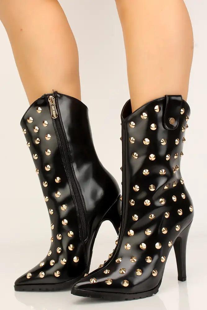 Black Studded Accent Pointy Toe Cowgirl Boots - AMIClubwear