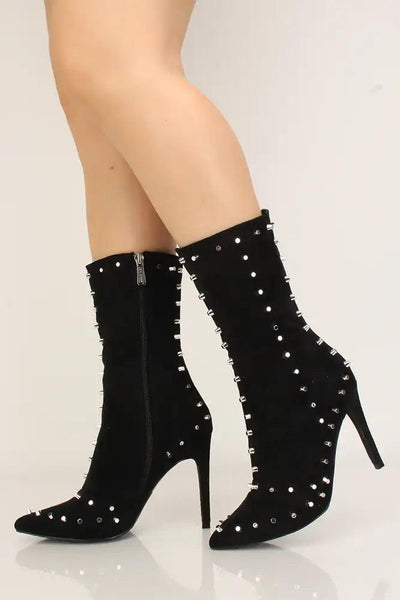 Black Studded Pointy Toe High Heel Boots Faux Suede - AMIClubwear