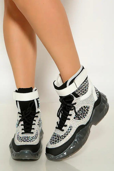 Black Studded Rhinestone Lace Up High Top Sneakers - AMIClubwear