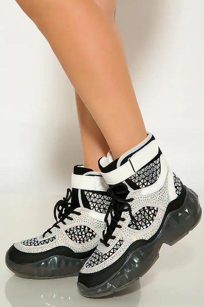 Black Studded Rhinestone Lace Up High Top Sneakers - AMIClubwear