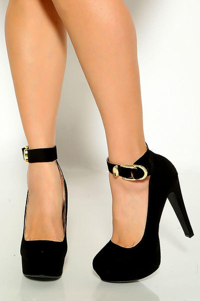 Black Suede Ankle Strap Platform High Heels - AMIClubwear