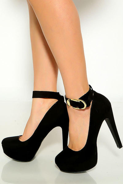 Black Suede Ankle Strap Platform High Heels - AMIClubwear