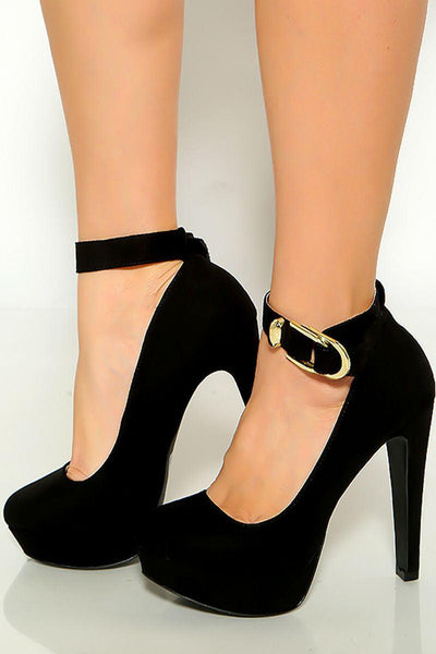 Black Suede Ankle Strap Platform High Heels - AMIClubwear