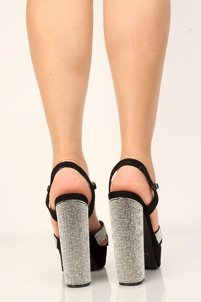 Black Suede Criss Cross Rhinestones Chunky High Heels - AMIClubwear