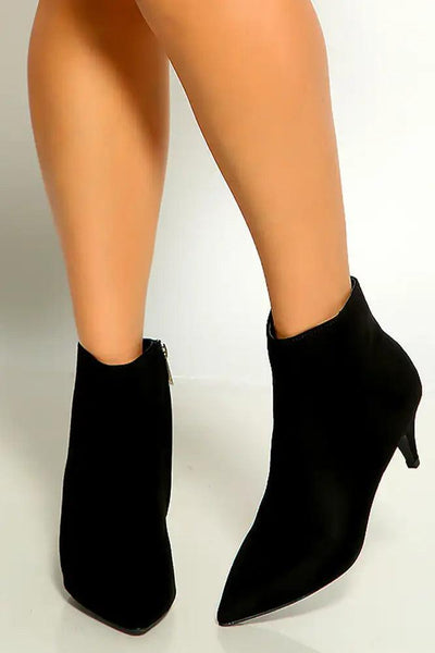 Black Suede Pointy Toe Kitten High Heel Booties - AMIClubwear