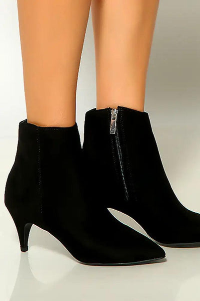 Black Suede Pointy Toe Kitten High Heel Booties - AMIClubwear