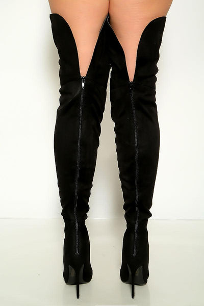 Black Suede Pointy Toe Zip Up Thigh High Stiletto Boots - AMIClubwear