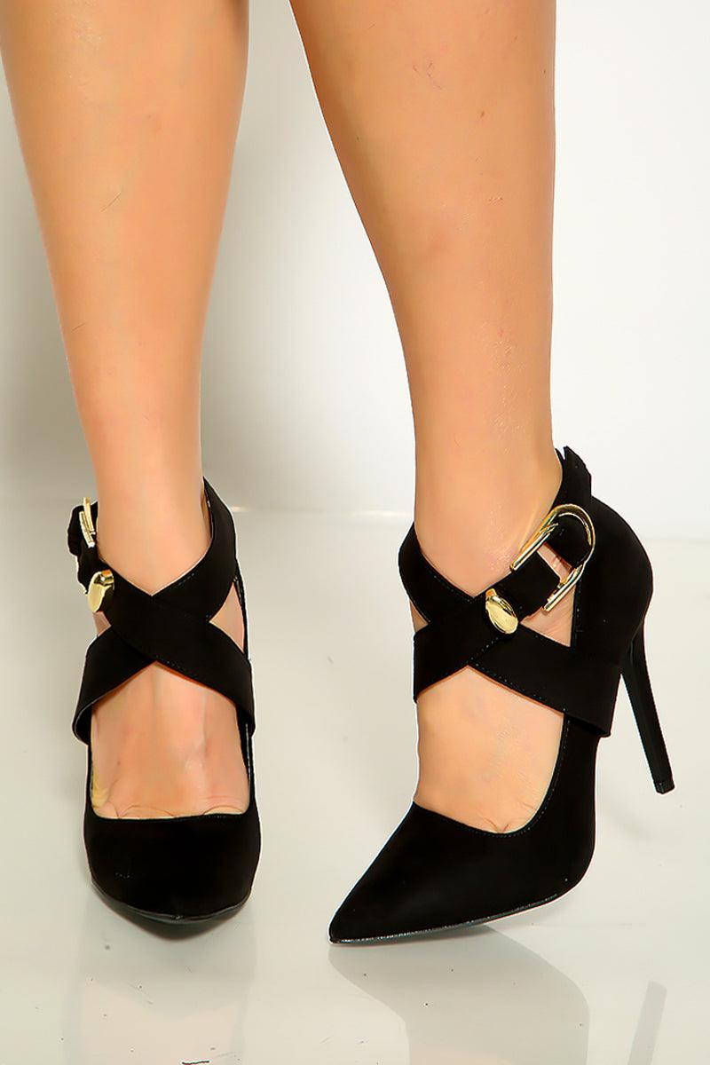 Black Suede PU Pointed Thick Criss-Cross Strap Heels - AMIClubwear